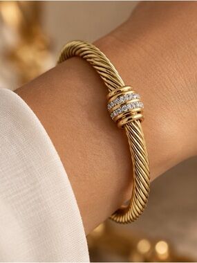 Gold Twisted Cable Cuff Bracelet with Crystal Accent
